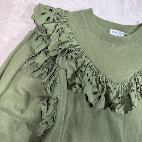Crosby By Mollie Burch Ollie Sweater Size XS Green French Terry Eyelet Ruffle - Picture 2 of 7